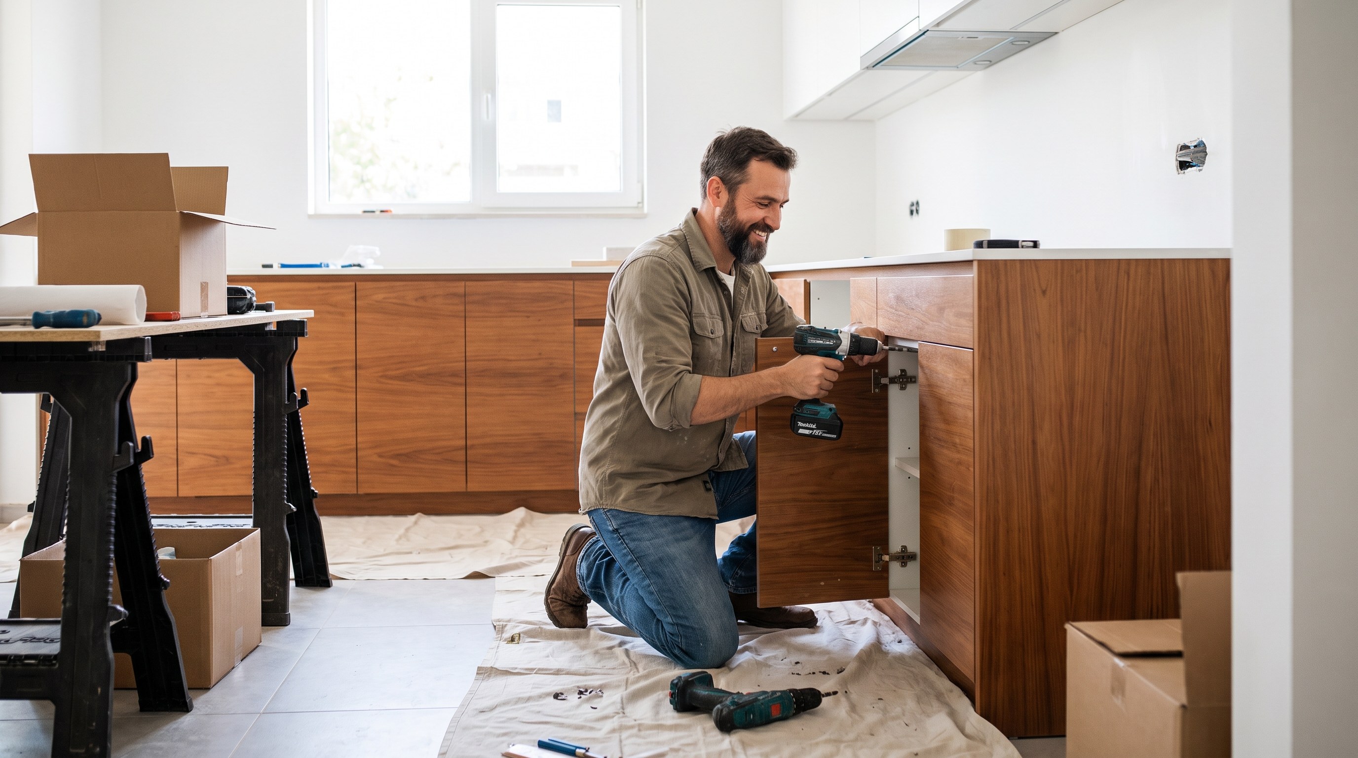 A freshly painted Calgary living room in soft cream, clean lines, painter\'s tape just removed, afternoon prairie light through large window, mid-project atmosphere