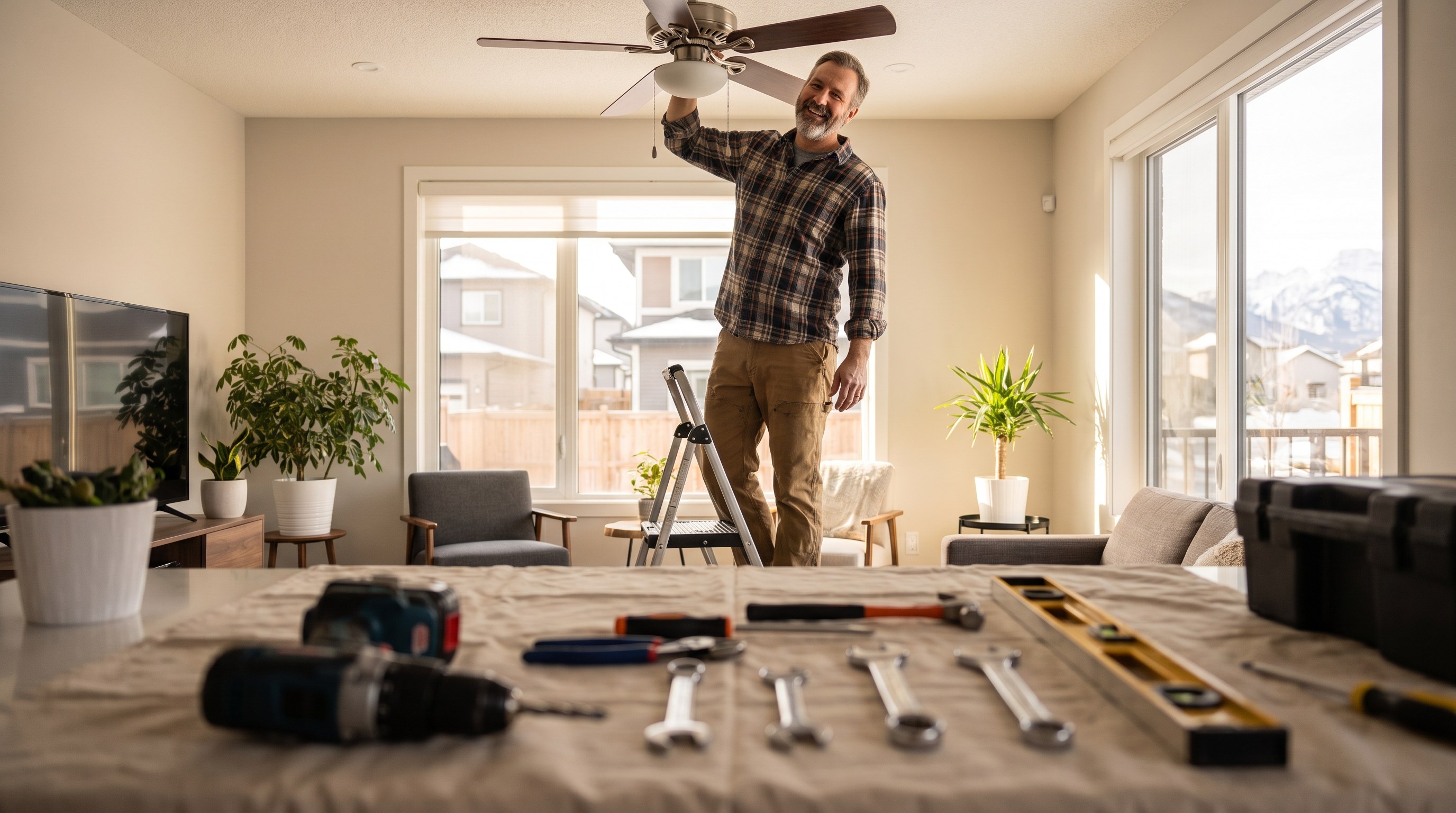 A close-up of a handyman repairing a kitchen cabinet hinge, screwdriver in hand, screw bits on the counter, soft kitchen light, careful work